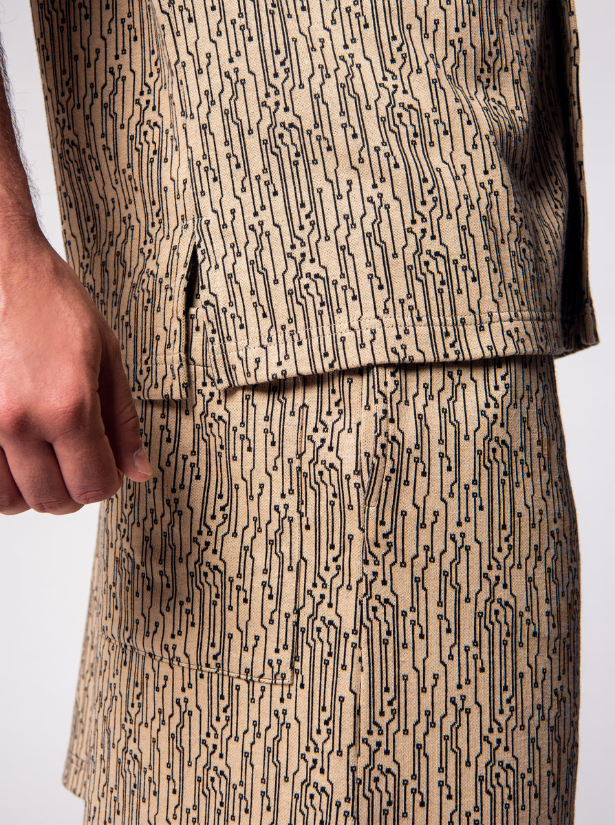 cotton jacquard short geometric motiv. beige background, black motiv