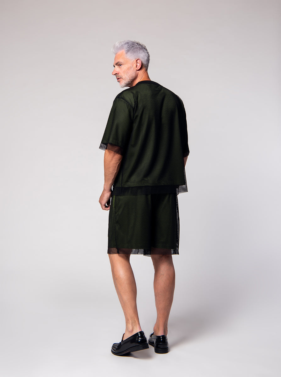 double layer shorts and t-shirt, black mesh outside, green tencel inside