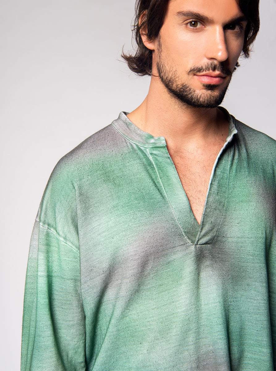 light linen tunica shirt with green shades camouflage print effect