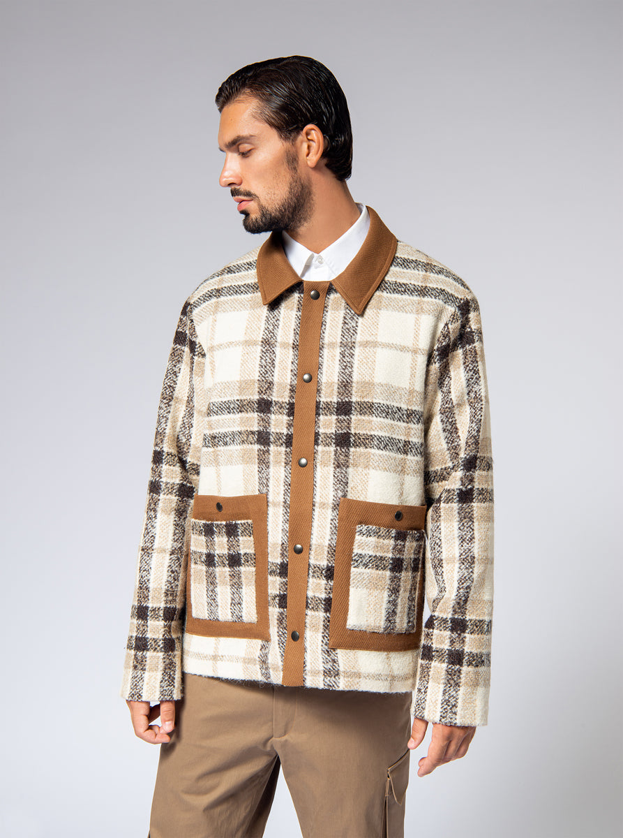 overshirt in camel brown glenn check wool