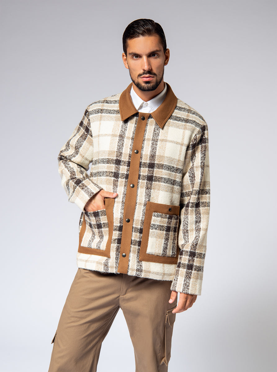 overshirt in camel brown glenn check wool
