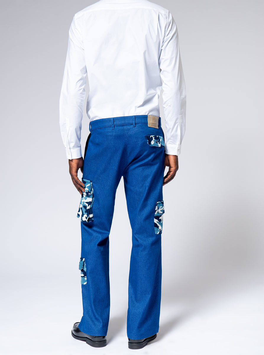 cargo light blue jeans with 3 pockets in camouflage velvet cord in blue shades