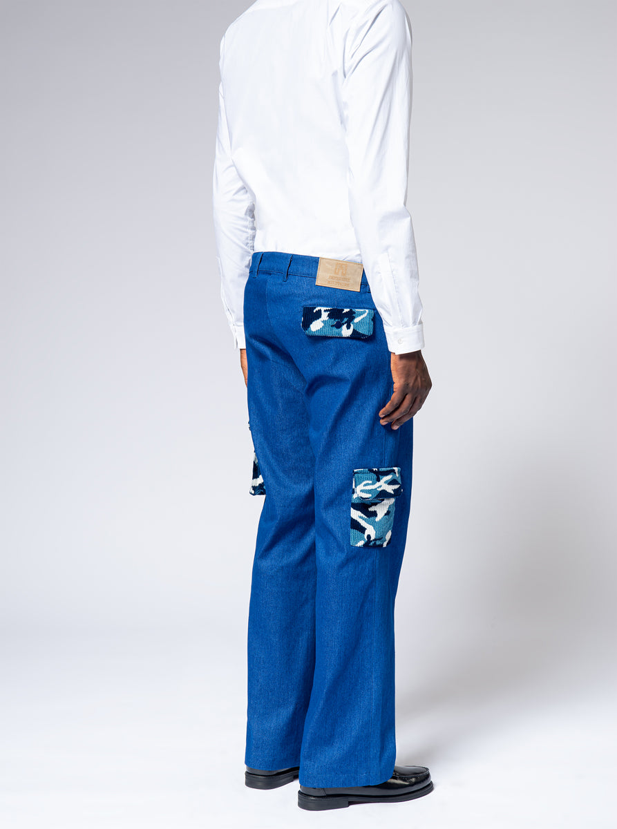 cargo light blue jeans with 3 pockets in camouflage velvet cord in blue shades