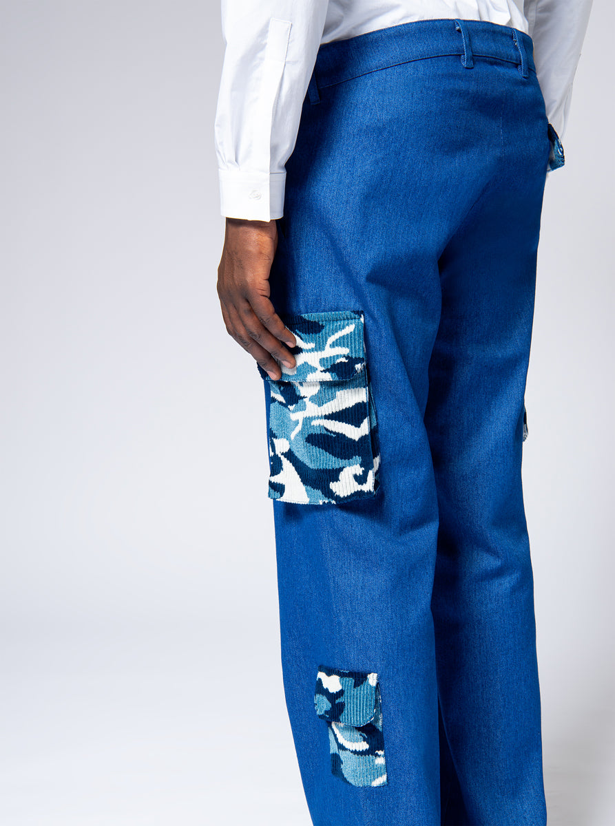 cargo light blue jeans with 3 pockets in camouflage velvet cord in blue shades