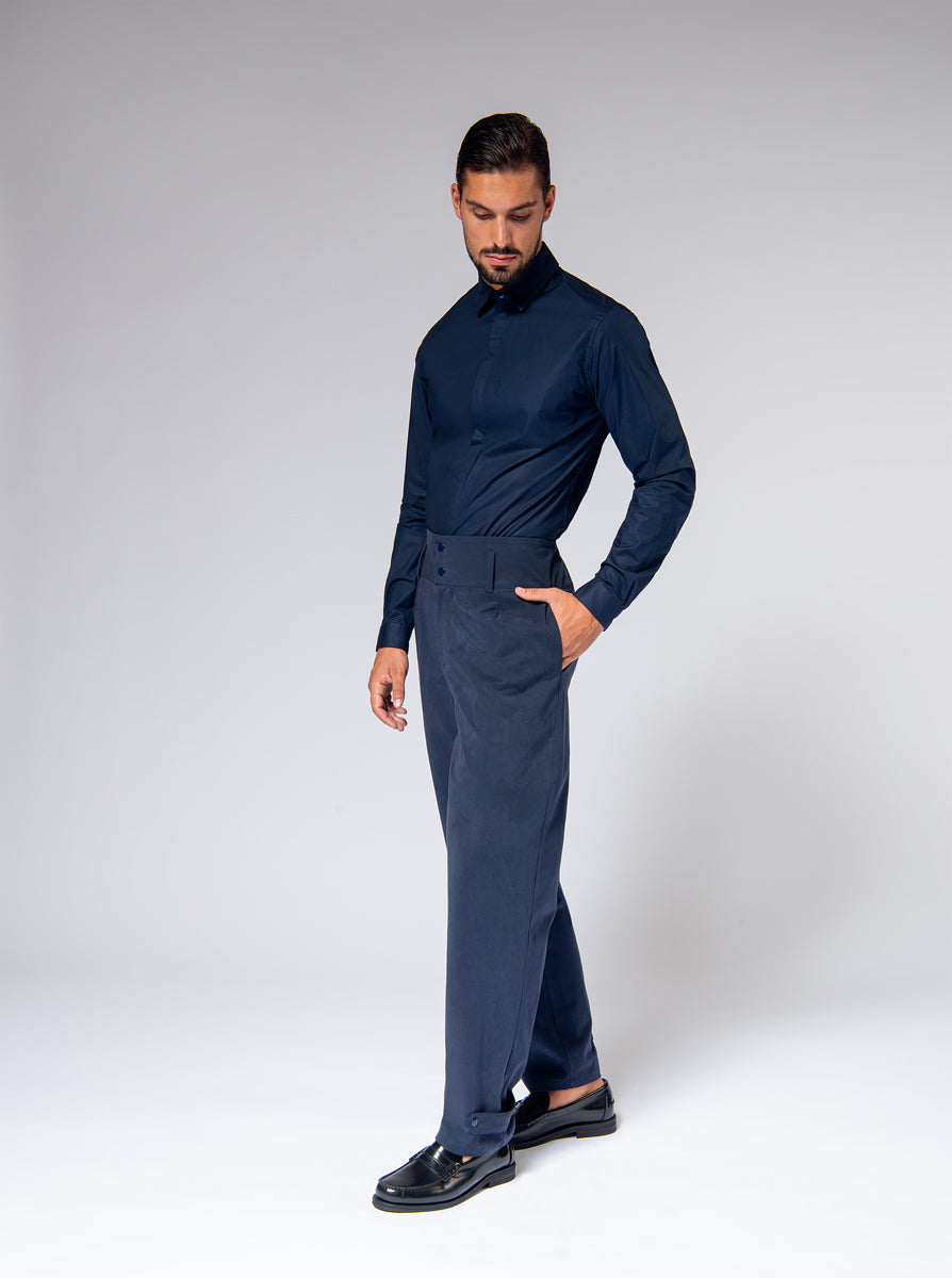 high waisted trousers in navy blue cotton