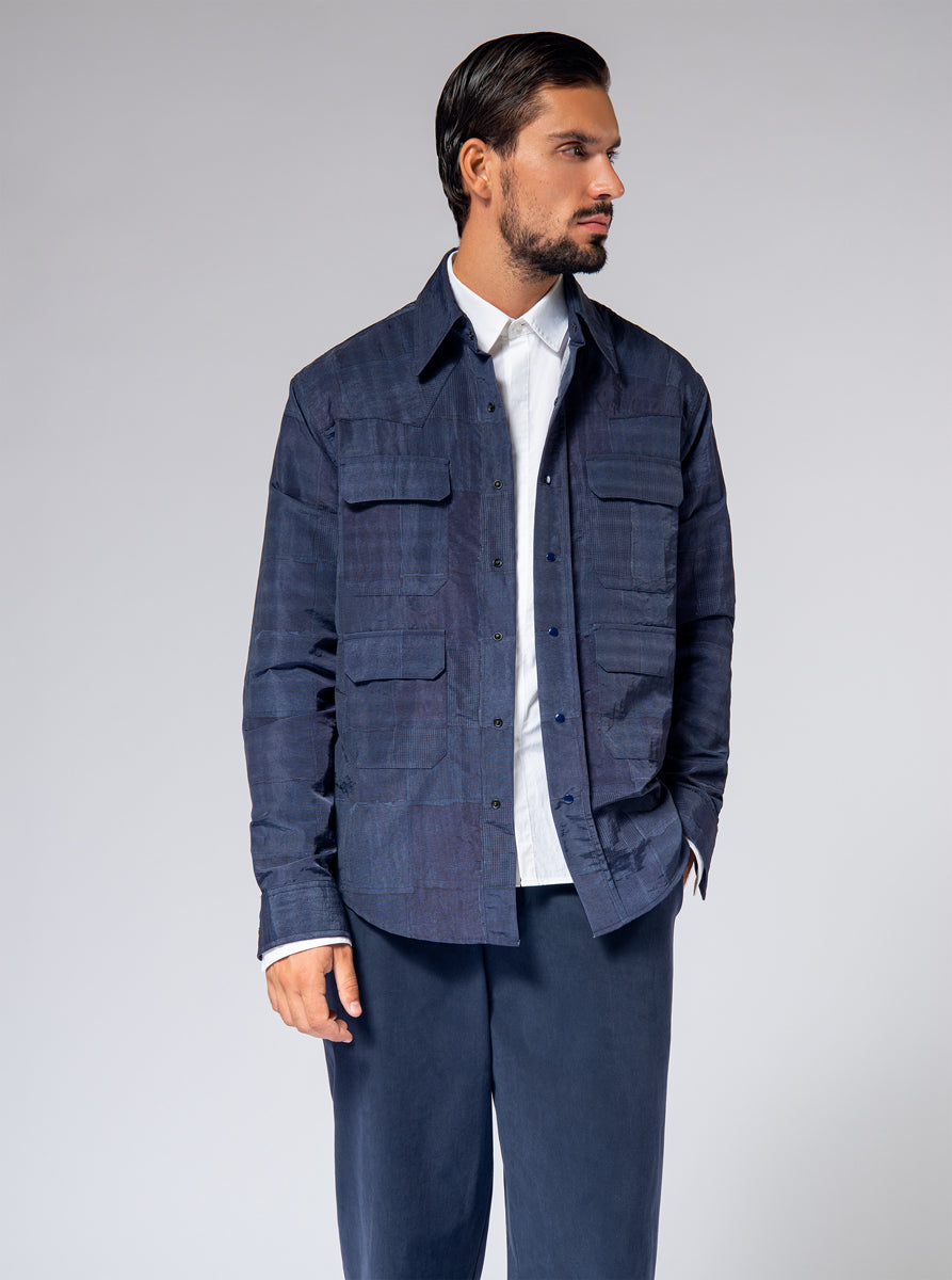 blue patchwork print overshirt in nylon