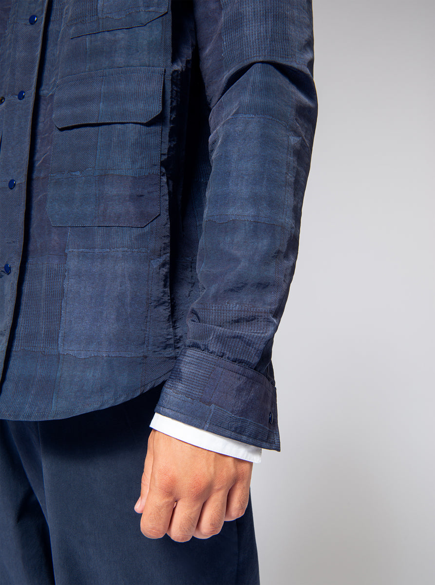 blue patchwork print overshirt in nylon