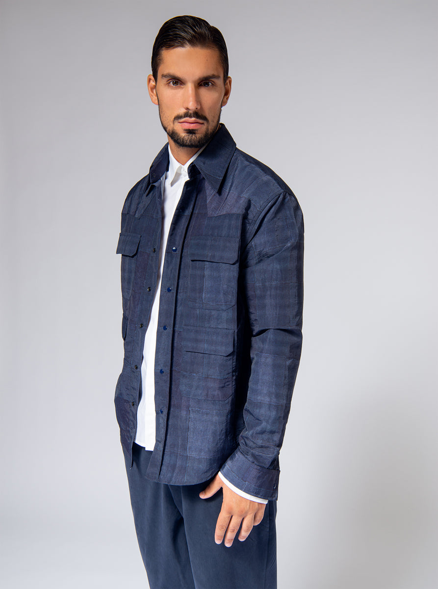 blue patchwork print overshirt in nylon