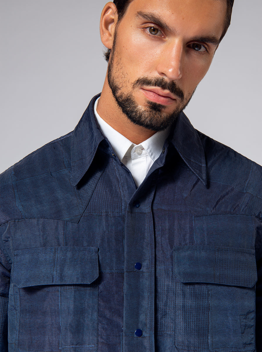 blue patchwork print overshirt in nylon