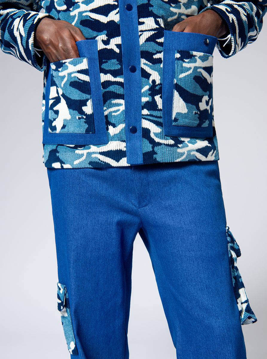 overshirt in camouflage printed cotton velvet cord with jeans details