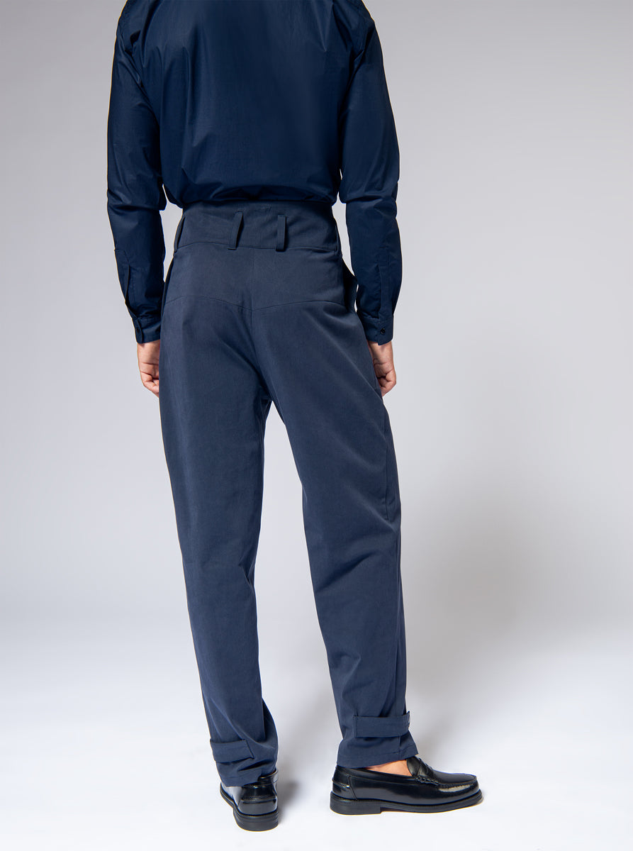 high waisted trousers in navy blue cotton