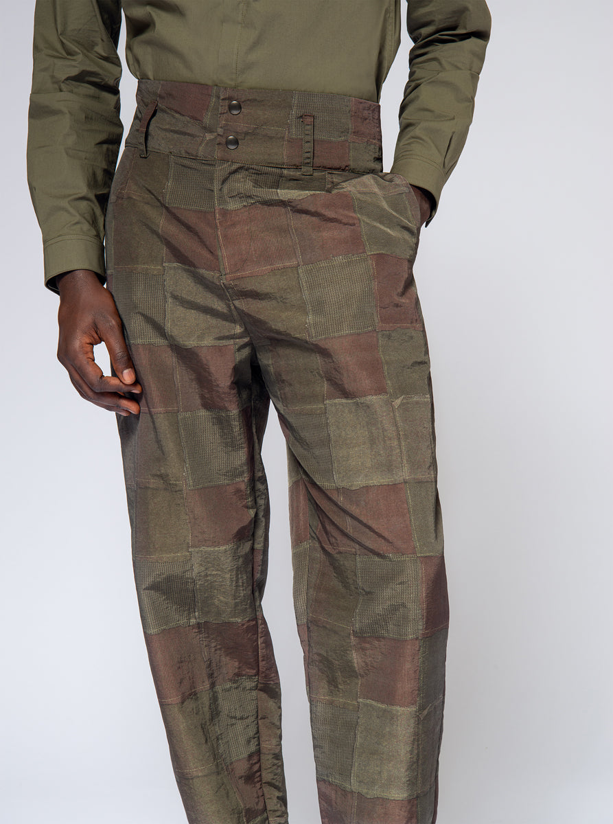 high waisted nylon trousers in green brown patchwork print