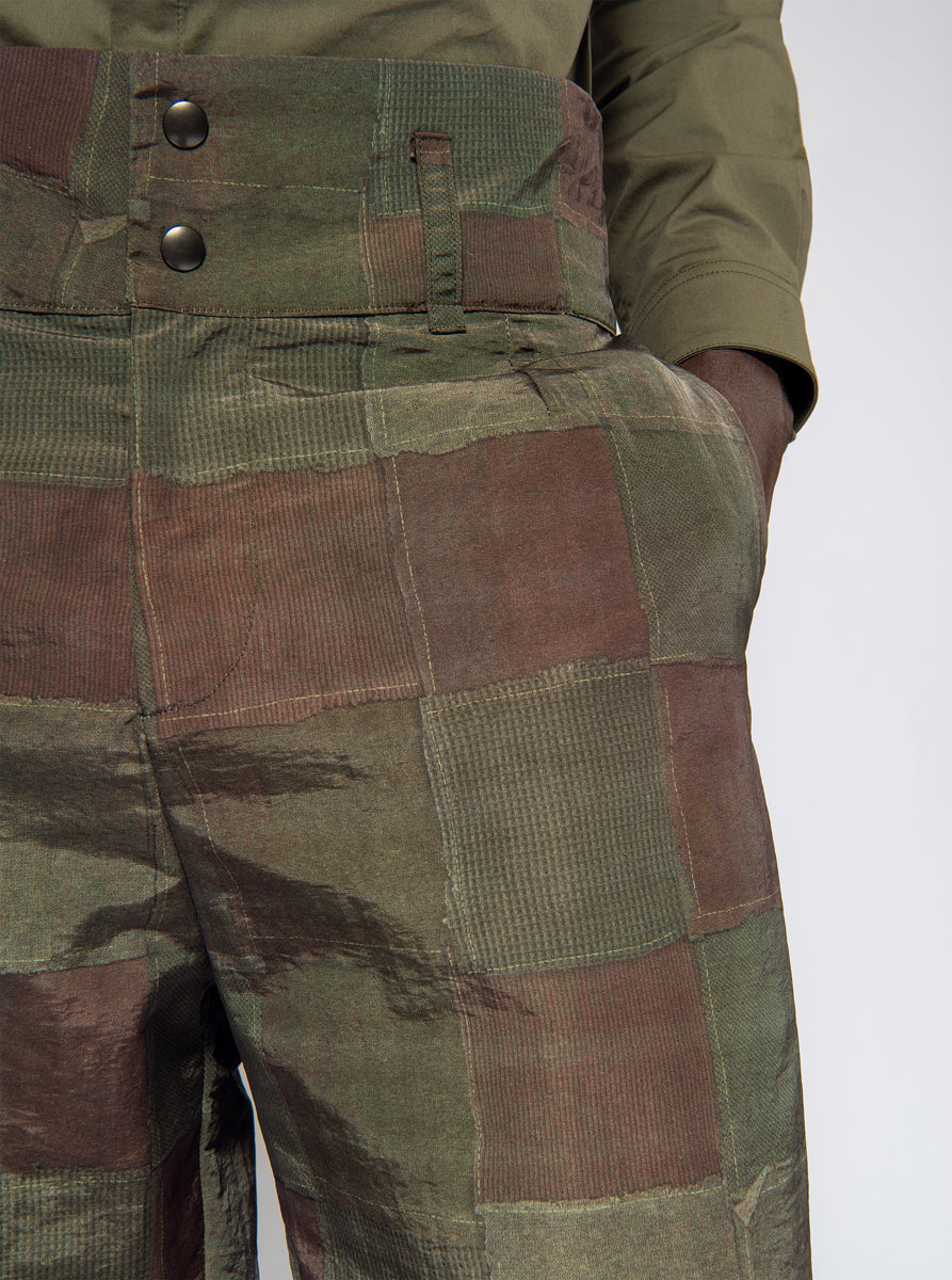 high waisted nylon trousers in green brown patchwork print