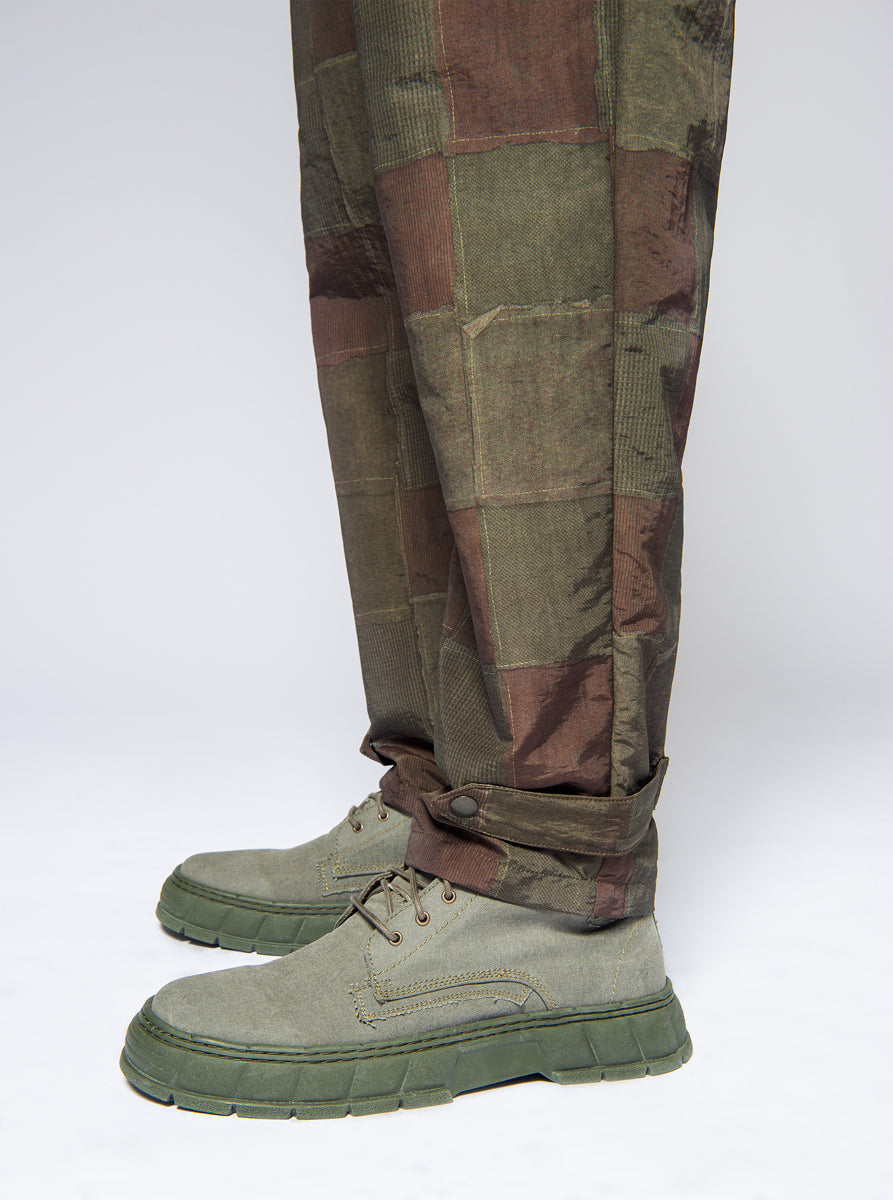 high waisted nylon trousers in green brown patchwork print