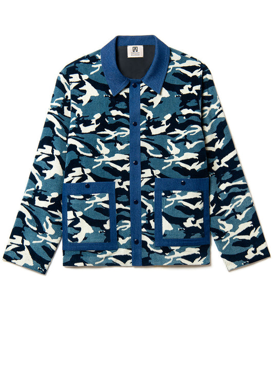 overshirt in camouflage printed cotton velvet cord with jeans details