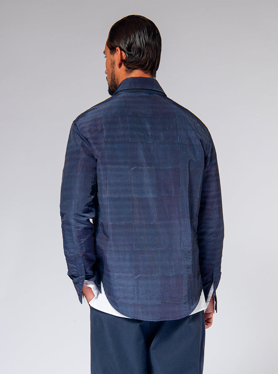 blue patchwork print overshirt in nylon