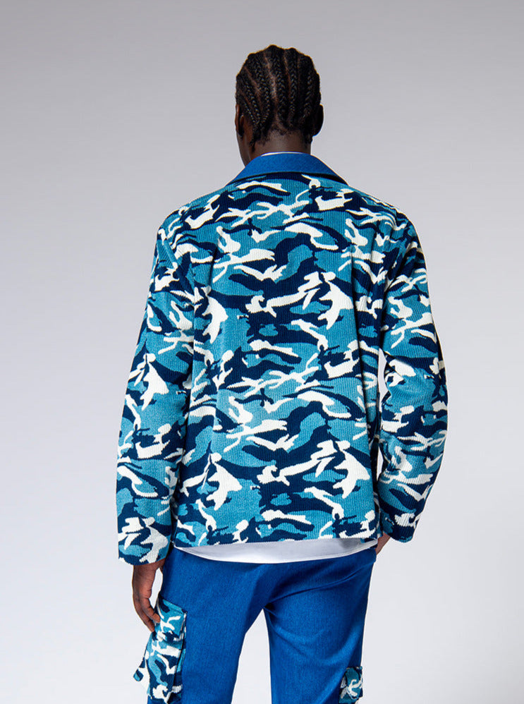 overshirt in camouflage printed cotton velvet cord with jeans details