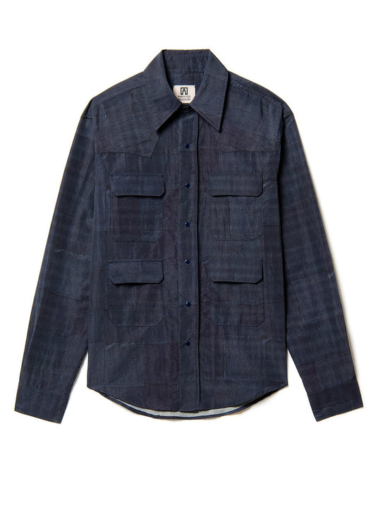 nylon overshirt in blue patchwork print effect