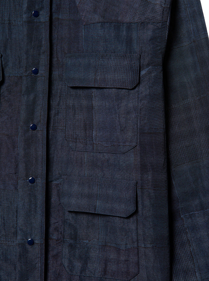 nylon overshirt in blue patchwork print effect