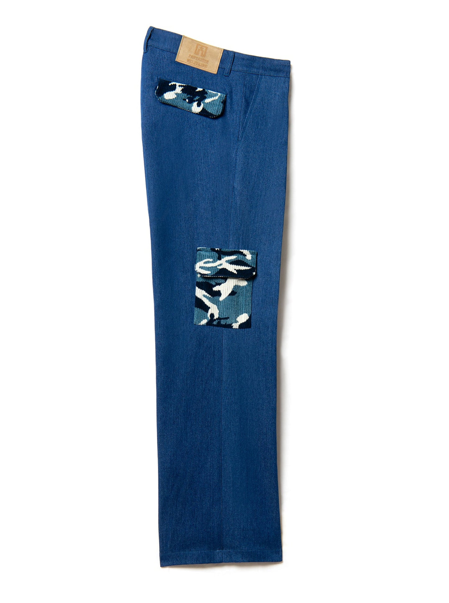 cargo light blue jeans with 3 pockets in camouflage velvet cord in blue shades
