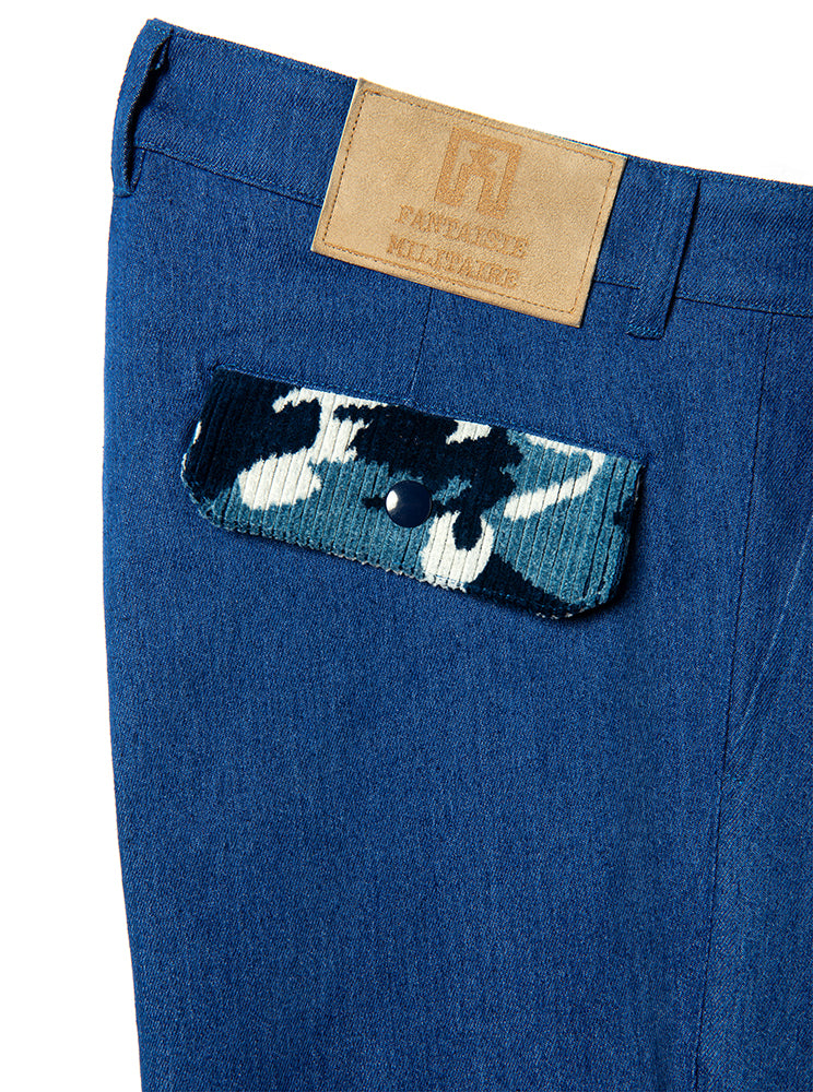 cargo light blue jeans with 3 pockets in camouflage velvet cord in blue shades