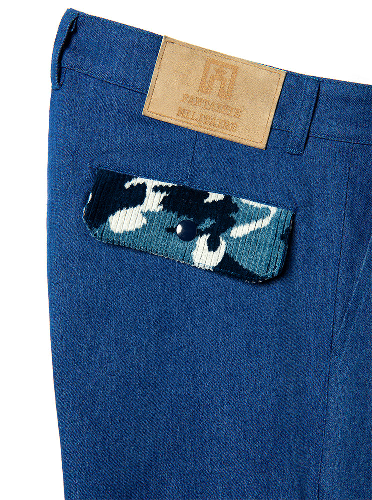cargo light blue  jeans with 3 pockets in camouflage velvet cord in blue shades