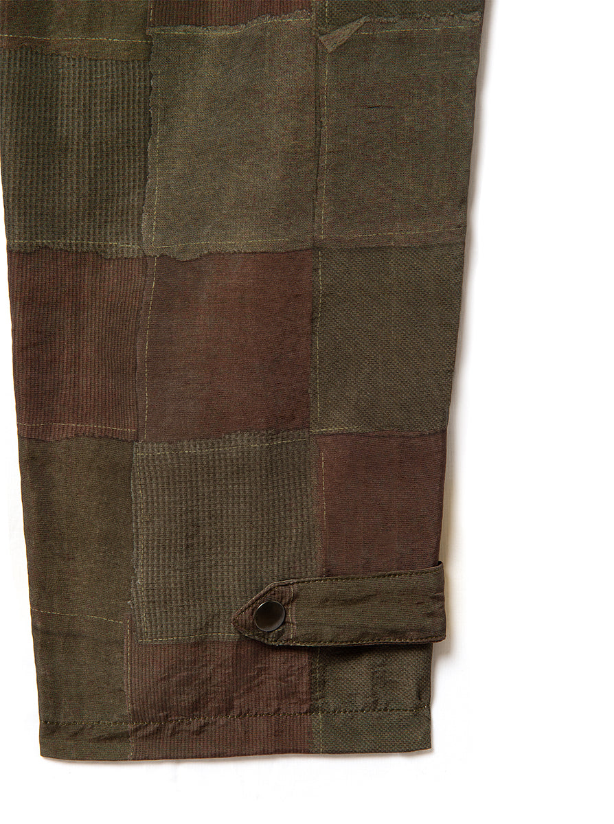 high waisted trousers in green brown patchwork print
