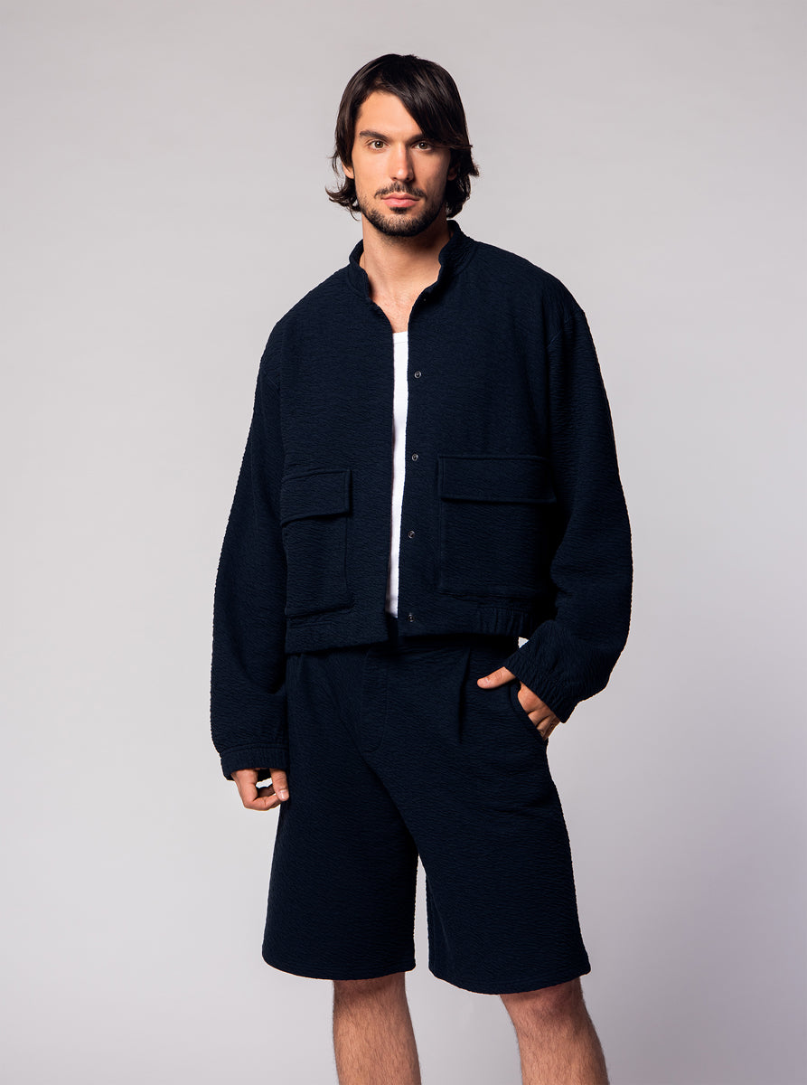 navy blue light cotton oversized jacket and bermuda