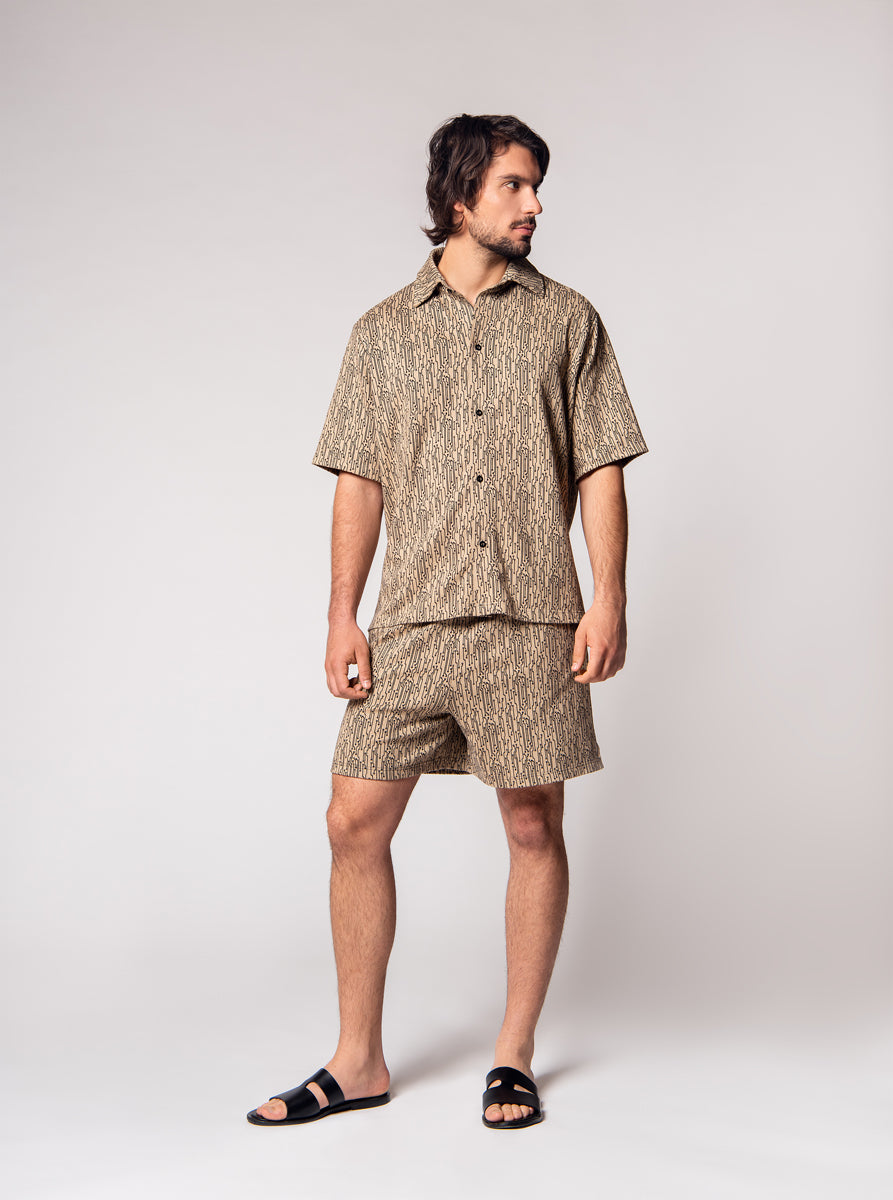 cotton jacquard short and shirt in geometric beige background, black motive