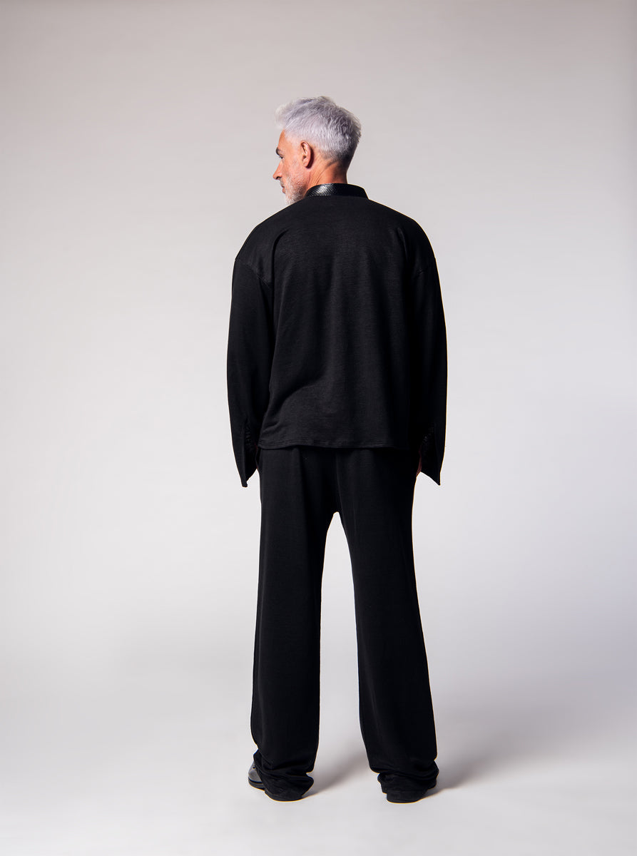 black linen tunica shirt and trousers