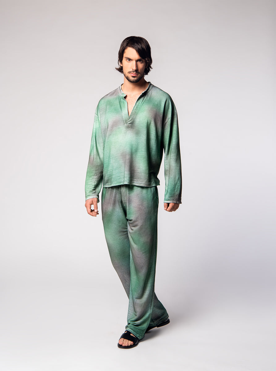 light linen tunica shirt and trousers with green shades camouflage print effect