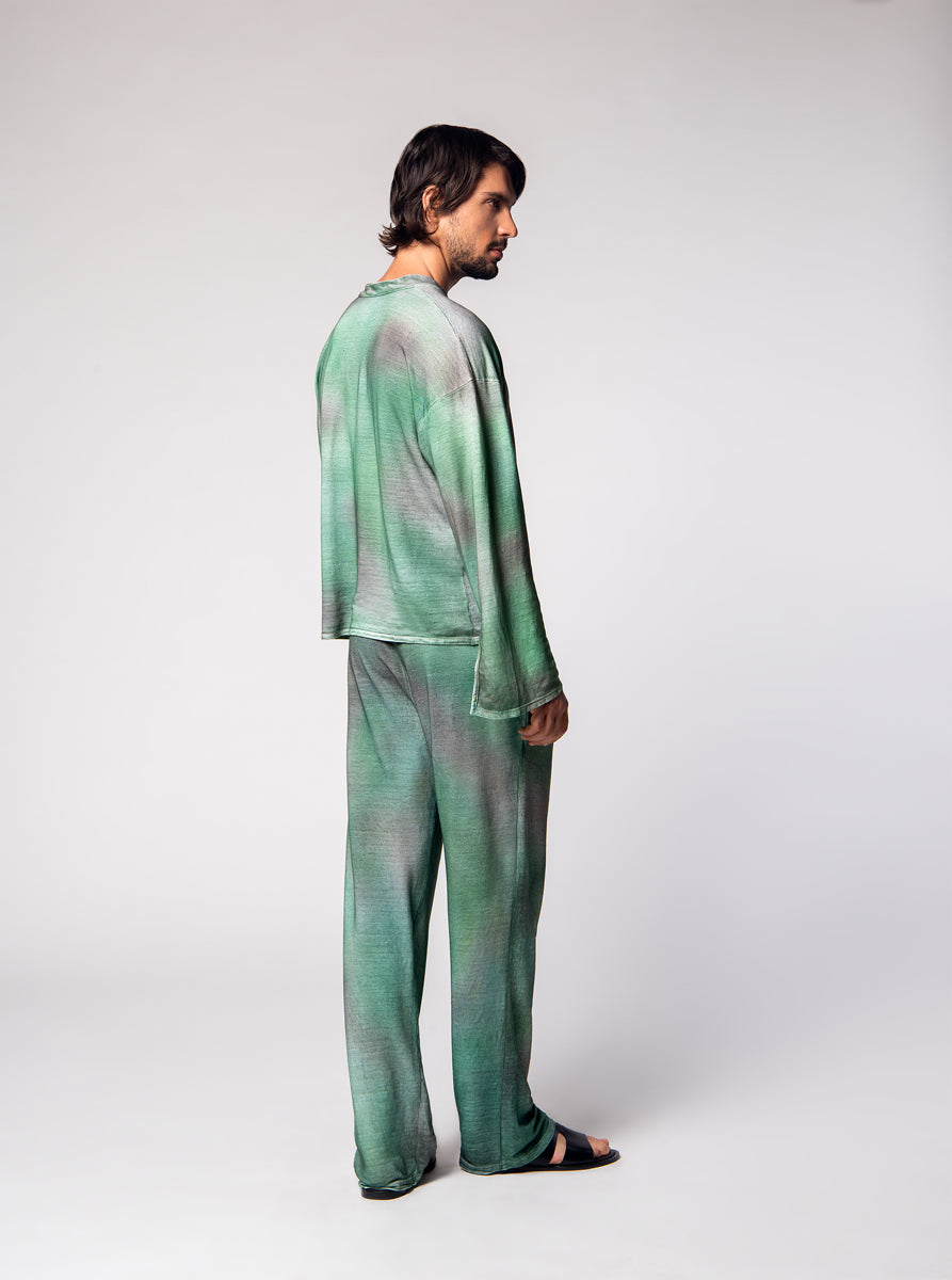 light linen tunica shirt with green shades camouflage print effect