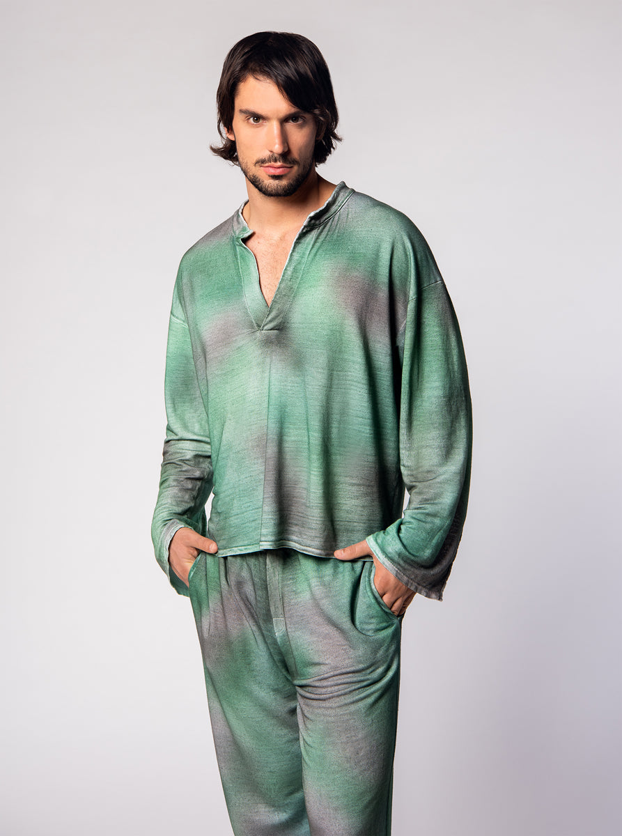 light linen tunica shirt with green shades camouflage print effect