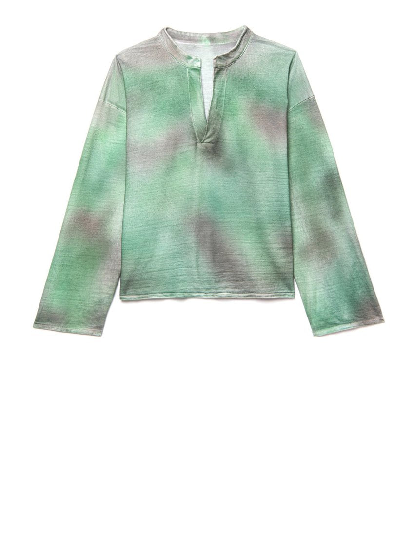 light linen tunica shirt with green shades camouflage print effect