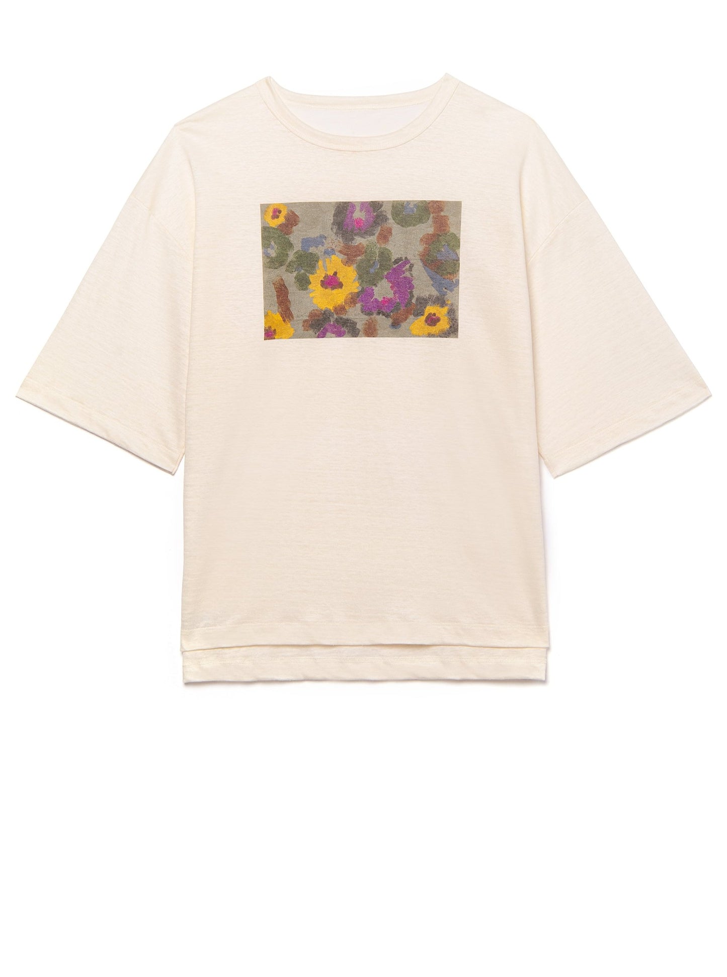 linen natural color t-shirt with floral frontal print