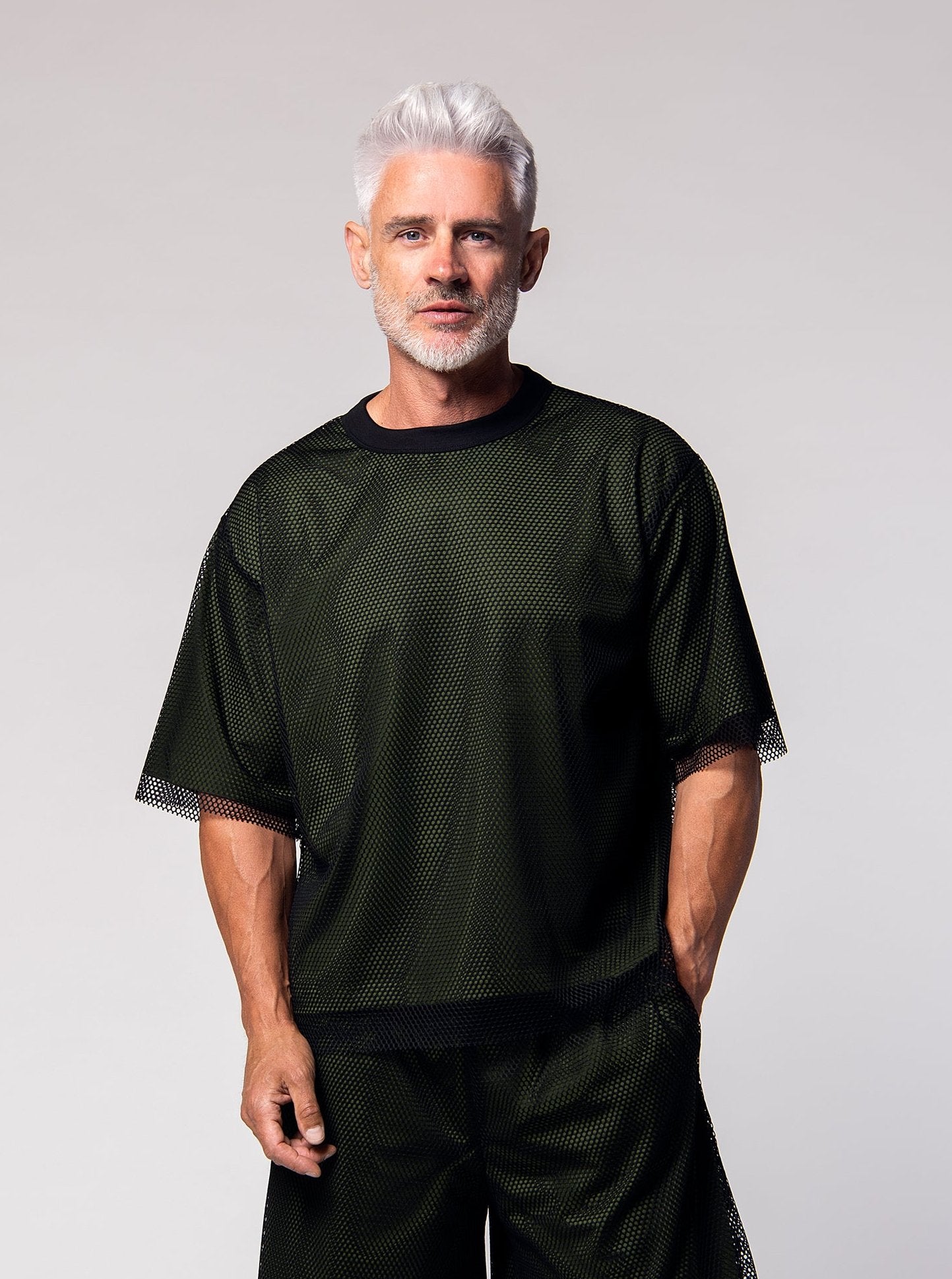 double layer t-shirt, black mesh outside, green tencel inside