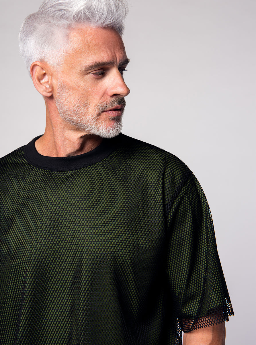 double layer t-shirt, black mesh outside, green tencel inside