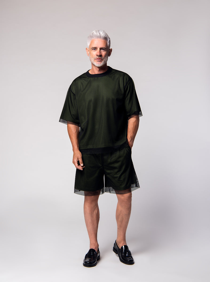 double layer shorts and t-shirt, black mesh outside, green tencel inside