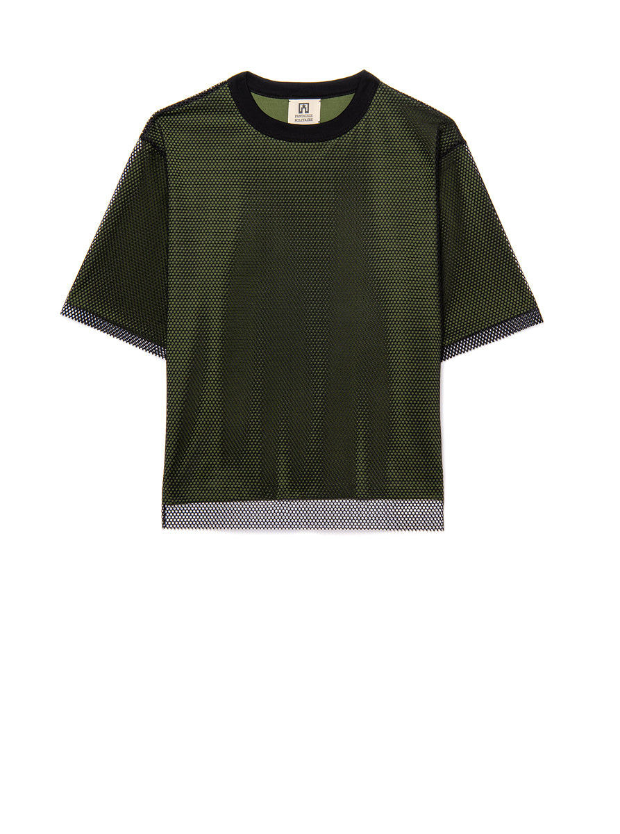 double layer tshirt, black mesh outside, green tencel inside