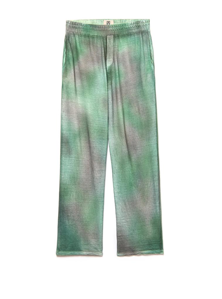 linen moleton rousers in green camouglage abstract print effect