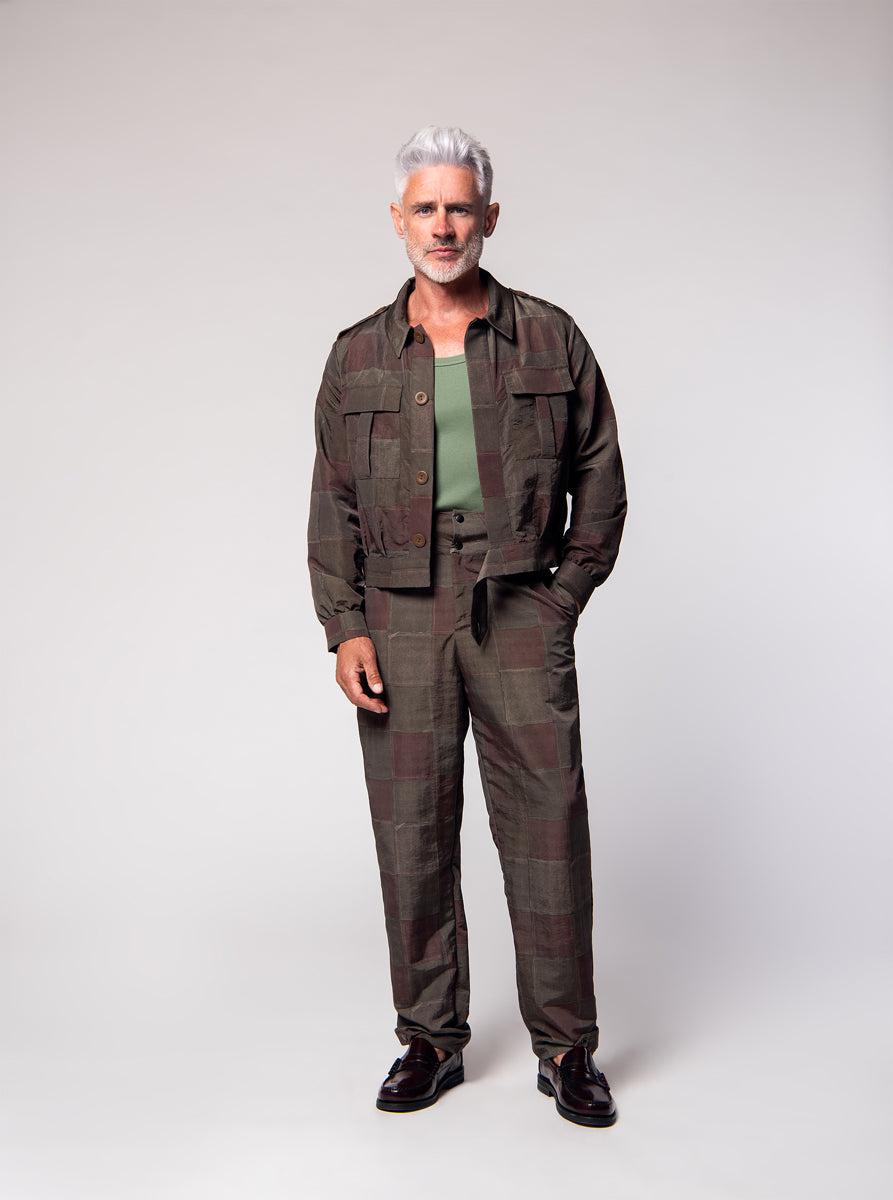 nylon light jacket, military style inspired in green brown