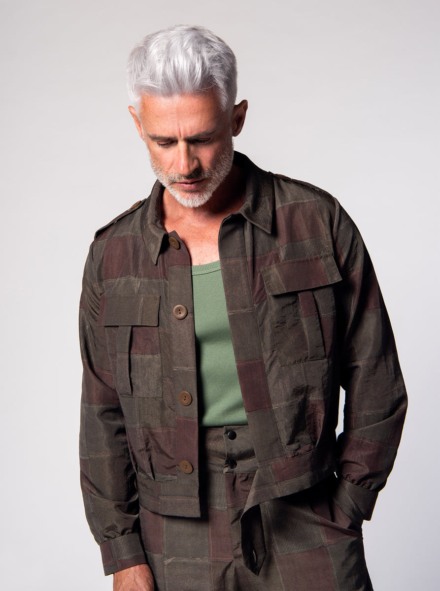 nylon light jacket, military style inspired in green brown