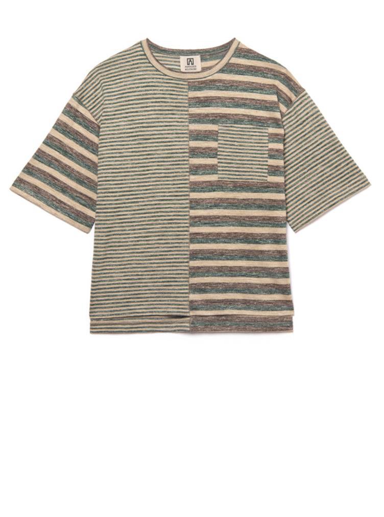 linen wool t-shirt in green brown stripes