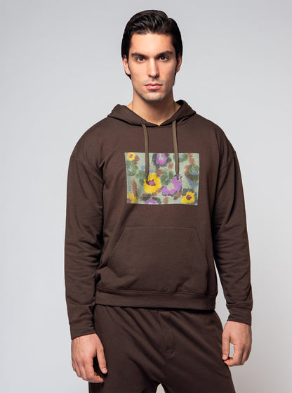 brown hoodie with floral frontal print