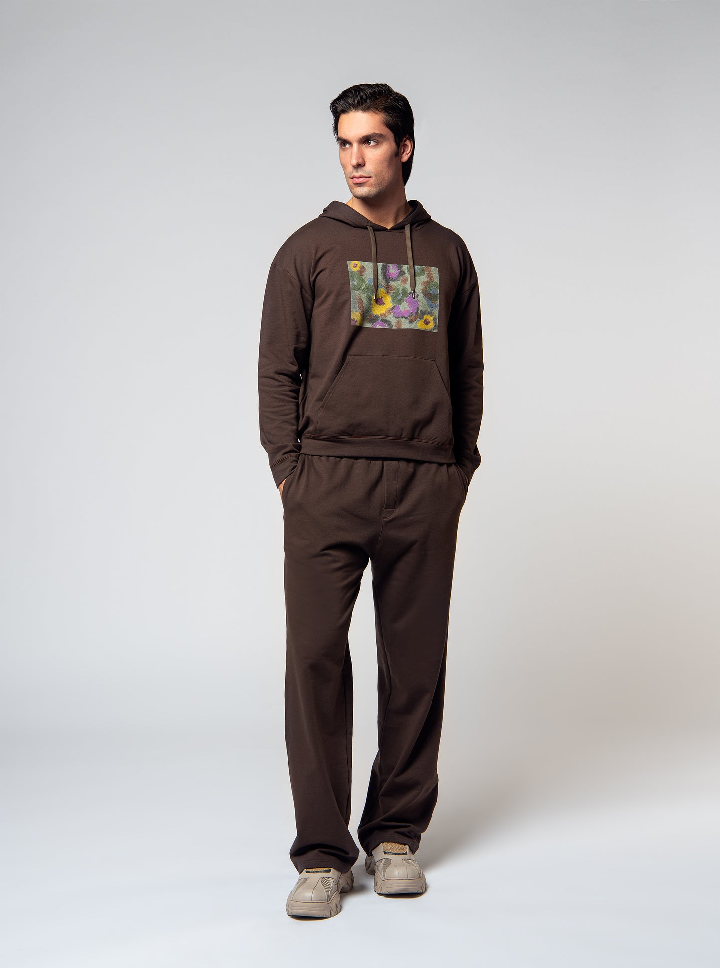 brown cotton moleton set hoodie and trousers