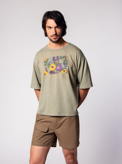 cotton and linen mix t-shirt in olive green with frontal floral print