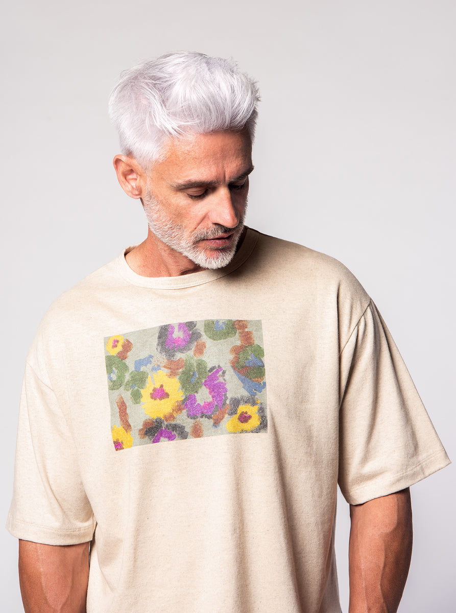 cotton linen oversized t-shirt in natural beige color with a frontal floral print