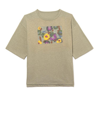 cotton and linen mix t-shirt in olive green with frontal floral print