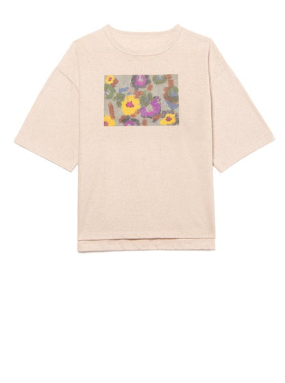 cotton linen oversized t-shirt in natural beige color with a frontal floral print